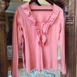 Garnet Hill Coral V-neck Top Blouse w/Ruffles S